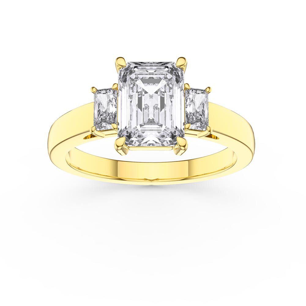 Princess 2ct Moissanite Emerald Cut 9ct Yellow Gold Three Stone Proposal Ring