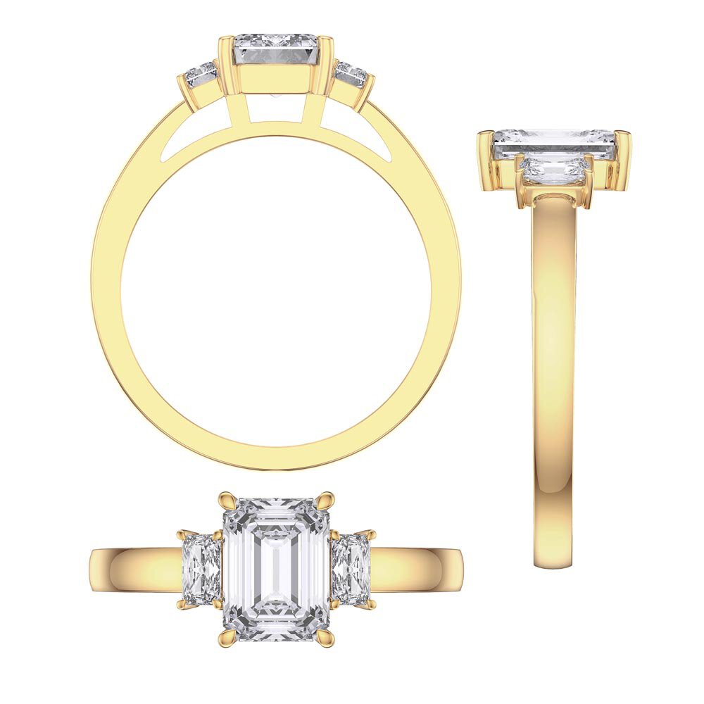 Princess 2ct White Sapphire Emerald Cut 9ct Yellow Gold Three Stone Proposal Ring #3