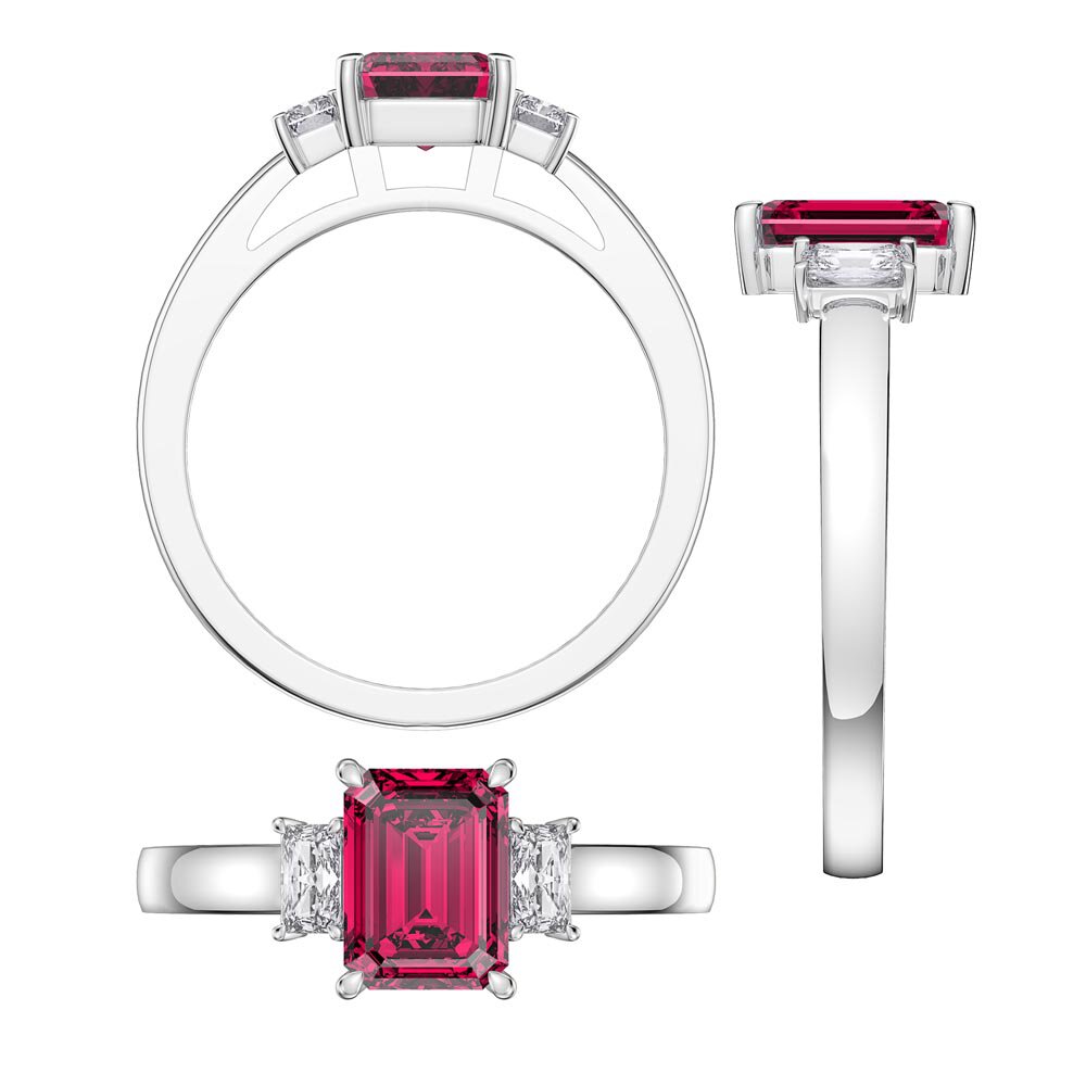 Princess 2ct Ruby Emerald Cut Lab Diamond Platinum Three Stone Engagement Ring #3