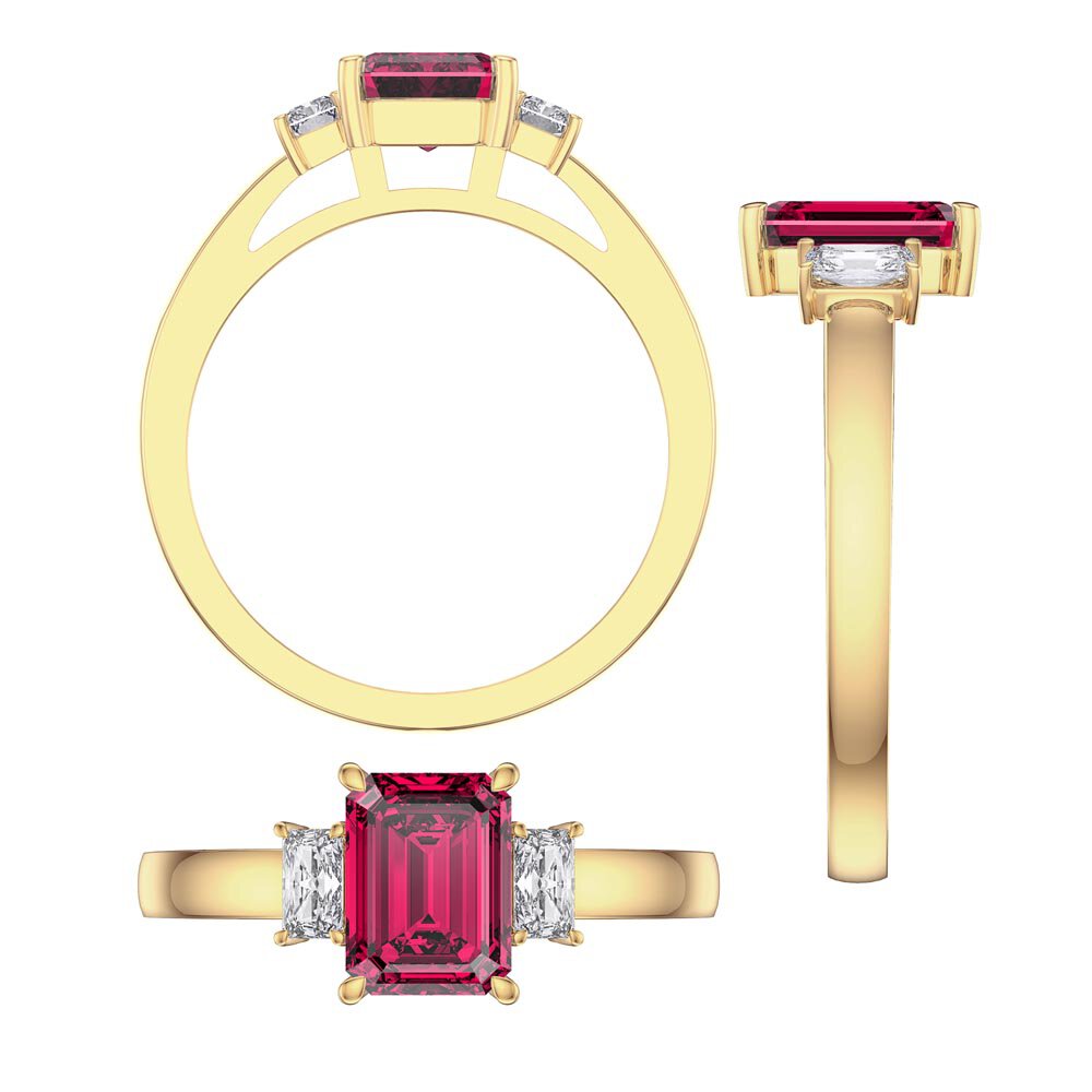 Princess 2ct Ruby Emerald Cut 18ct Yellow Gold Moissanite Three Stone Engagement Ring #3
