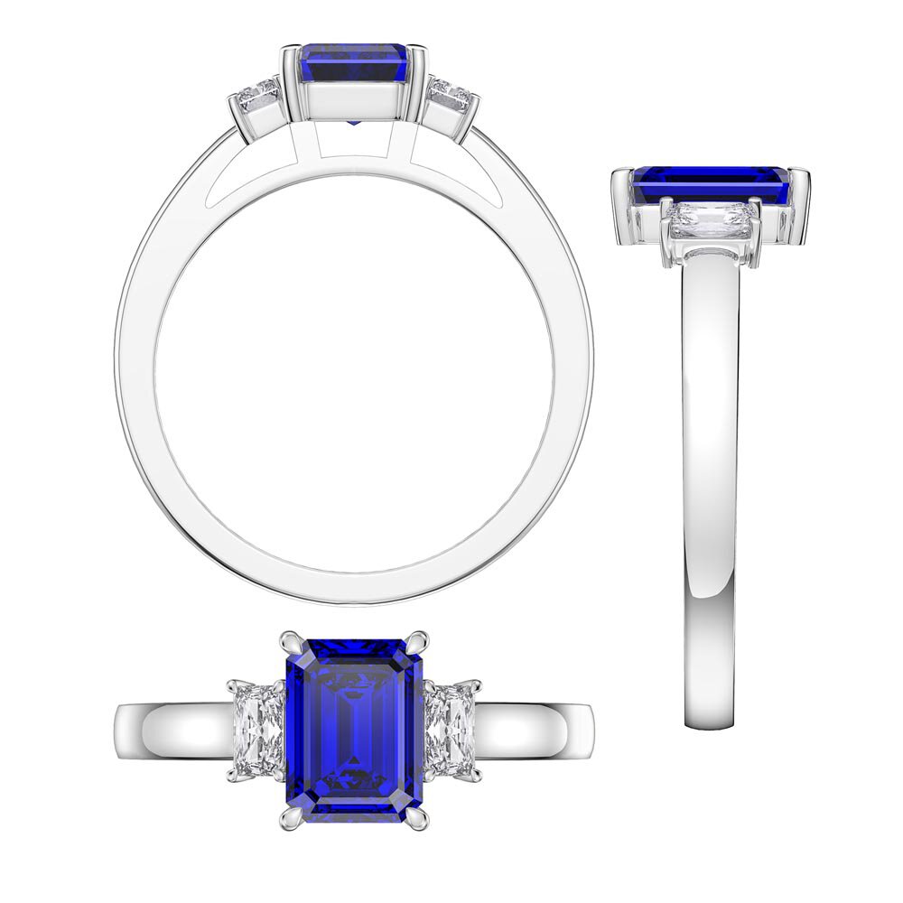 Princess 2ct Sapphire Emerald Cut 9ct White Gold Three Stone Proposal Ring #3