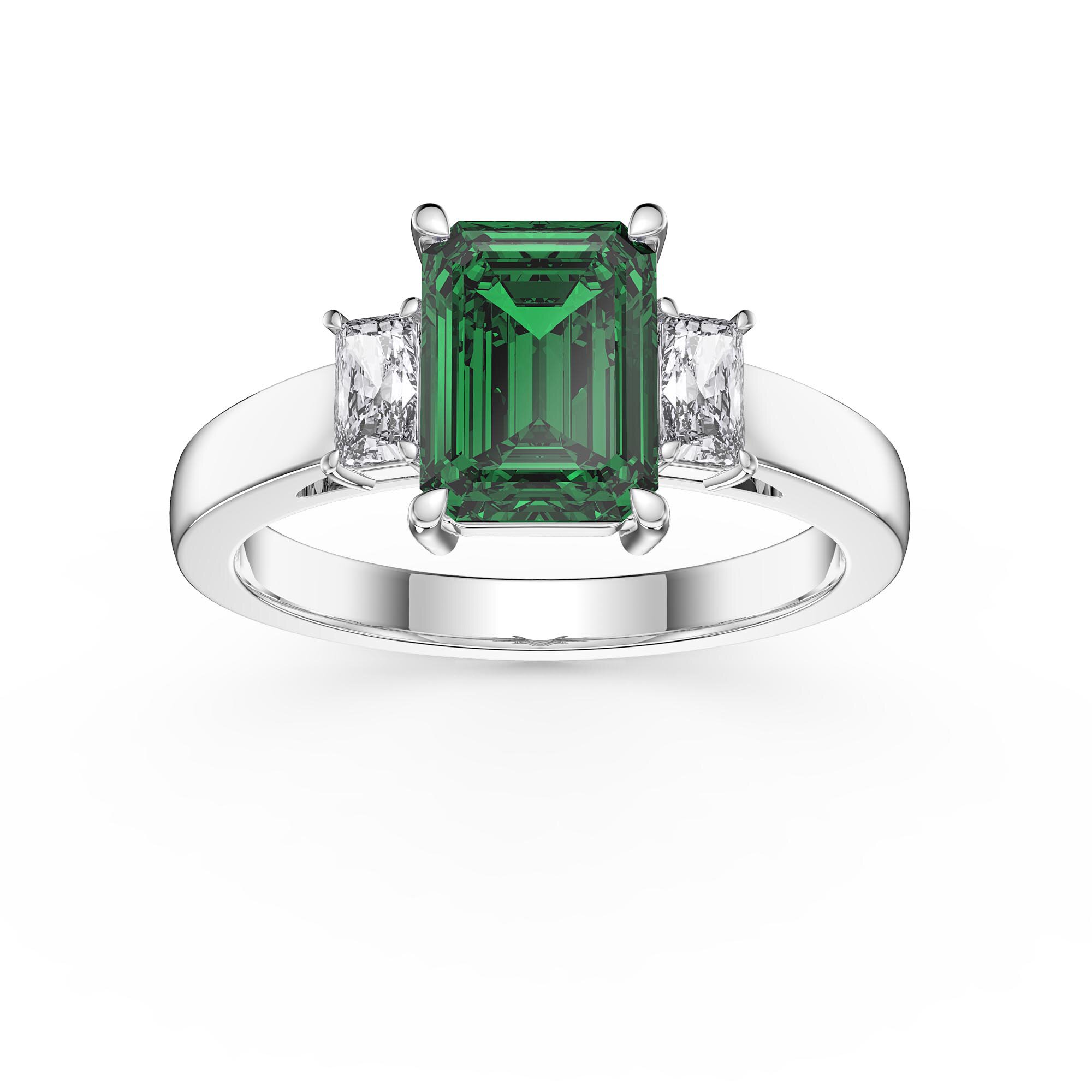 Charles & Colvard Moissanite Emerald Cut Three Stone Ring in White Gold |  Jewelry by Johan