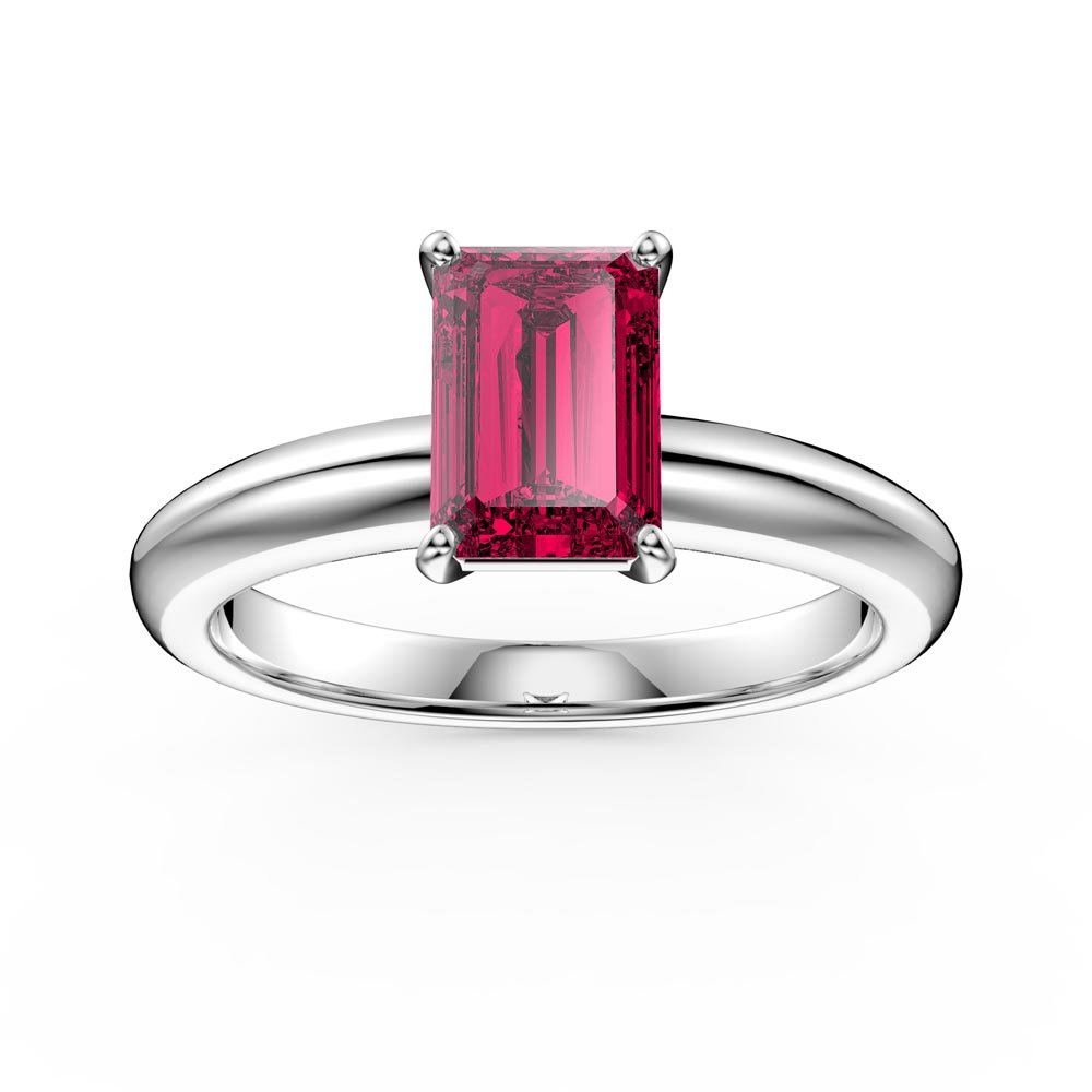 Unity 1ct Ruby Emerald Cut Solitaire Platinum plated Silver Promise Ring