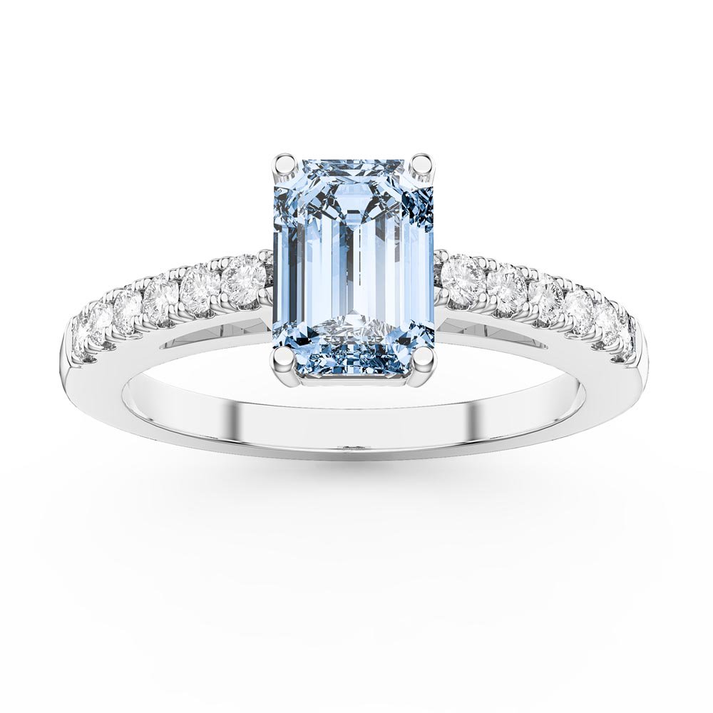 Unity 1ct Aquamarine Emerald Cut Lab Diamond Pave 9ct White Gold Engagement Ring