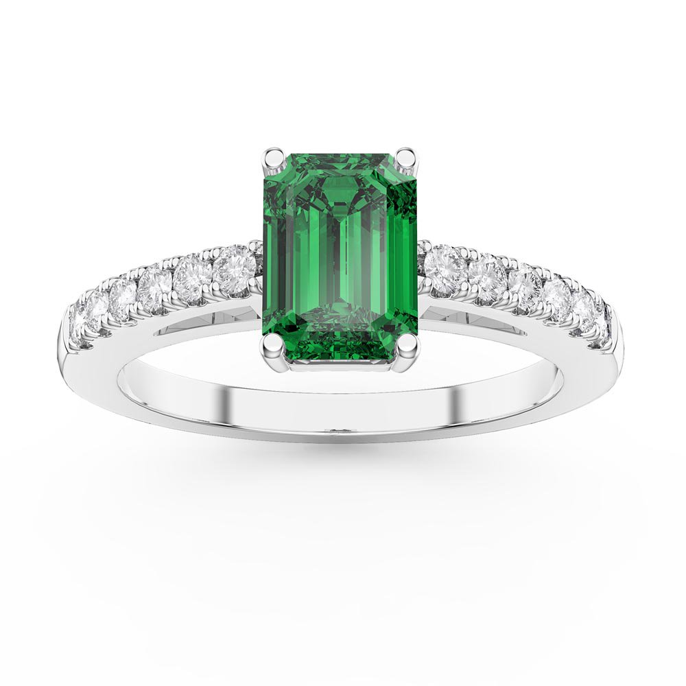 Unity 1ct Emerald Cut Emerald Diamond Pave 18ct White Gold Engagement Ring
