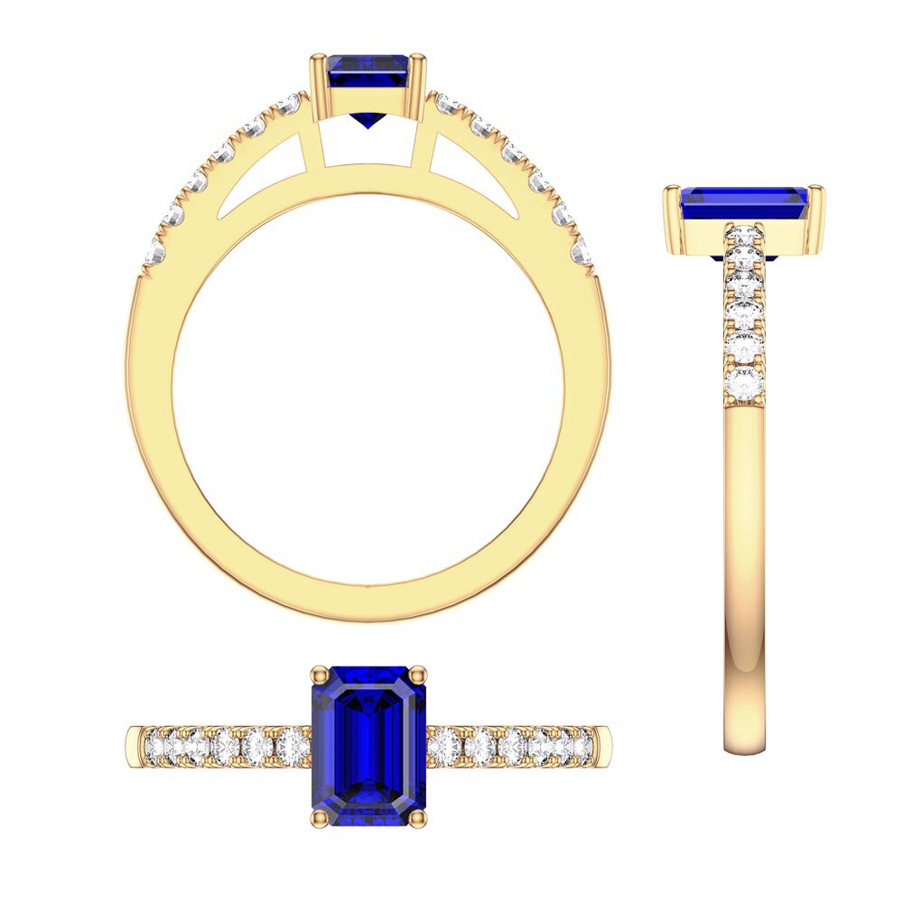 Unity 1ct Blue Sapphire Emerald cut Diamond Pave 18ct Yellow Gold Engagement Ring #5