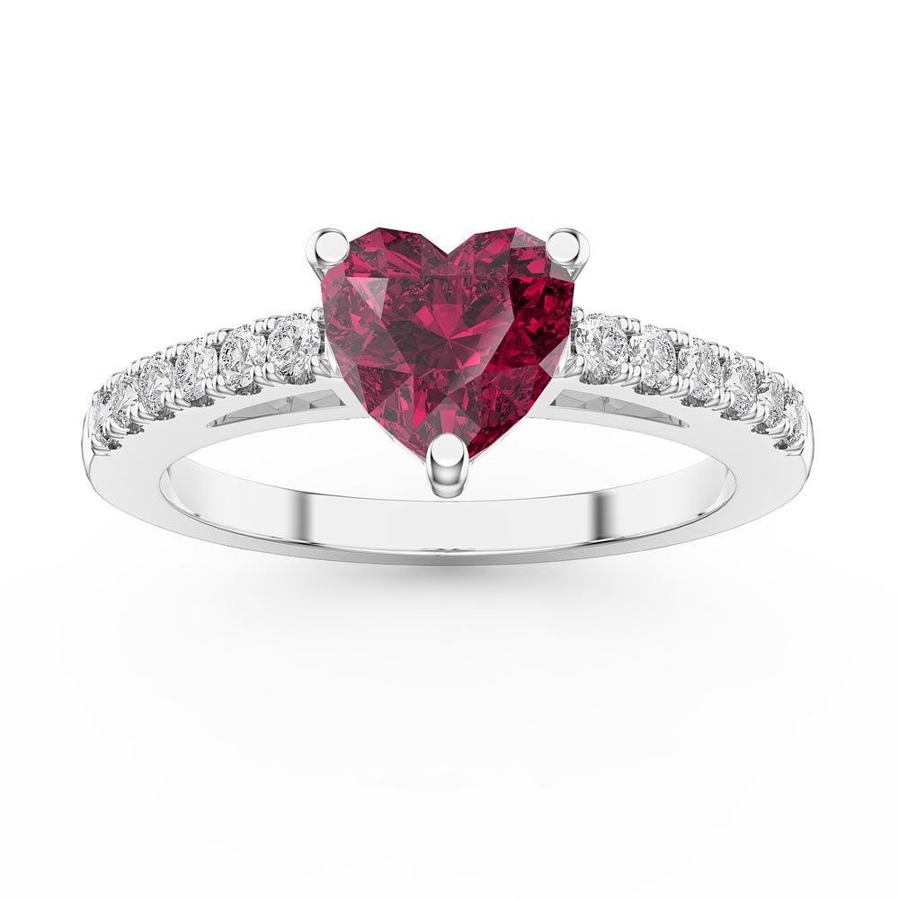 Unity 1ct Heart Ruby Moissanite Pave Platinum plated Silver Promise Ring