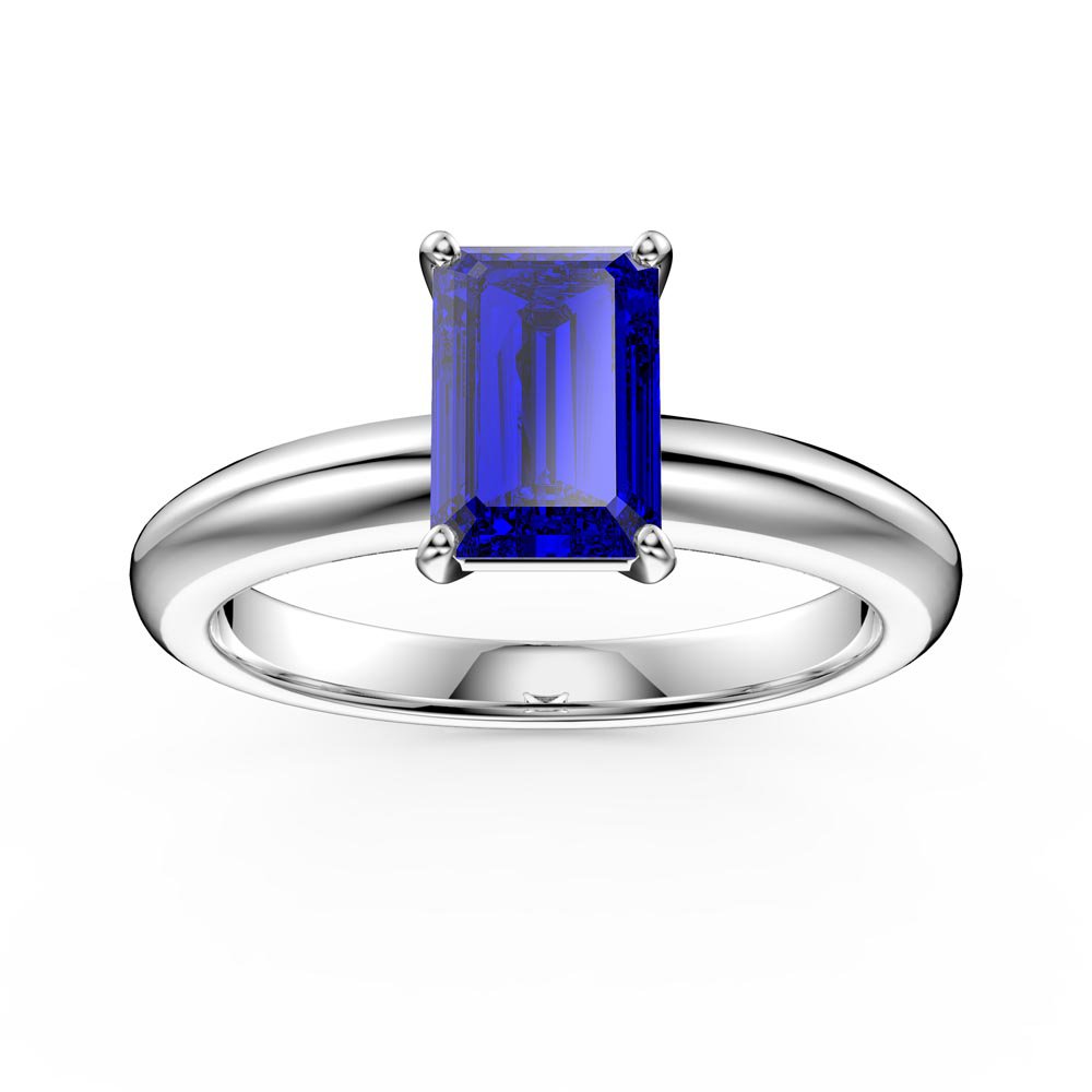 Unity 1ct Blue Sapphire Emerald Cut Solitaire Platinum plated Silver Promise Ring