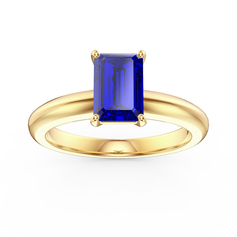 Unity 1ct Blue Sapphire Solitaire Emerald cut 9ct Yellow Gold Proposal Ring