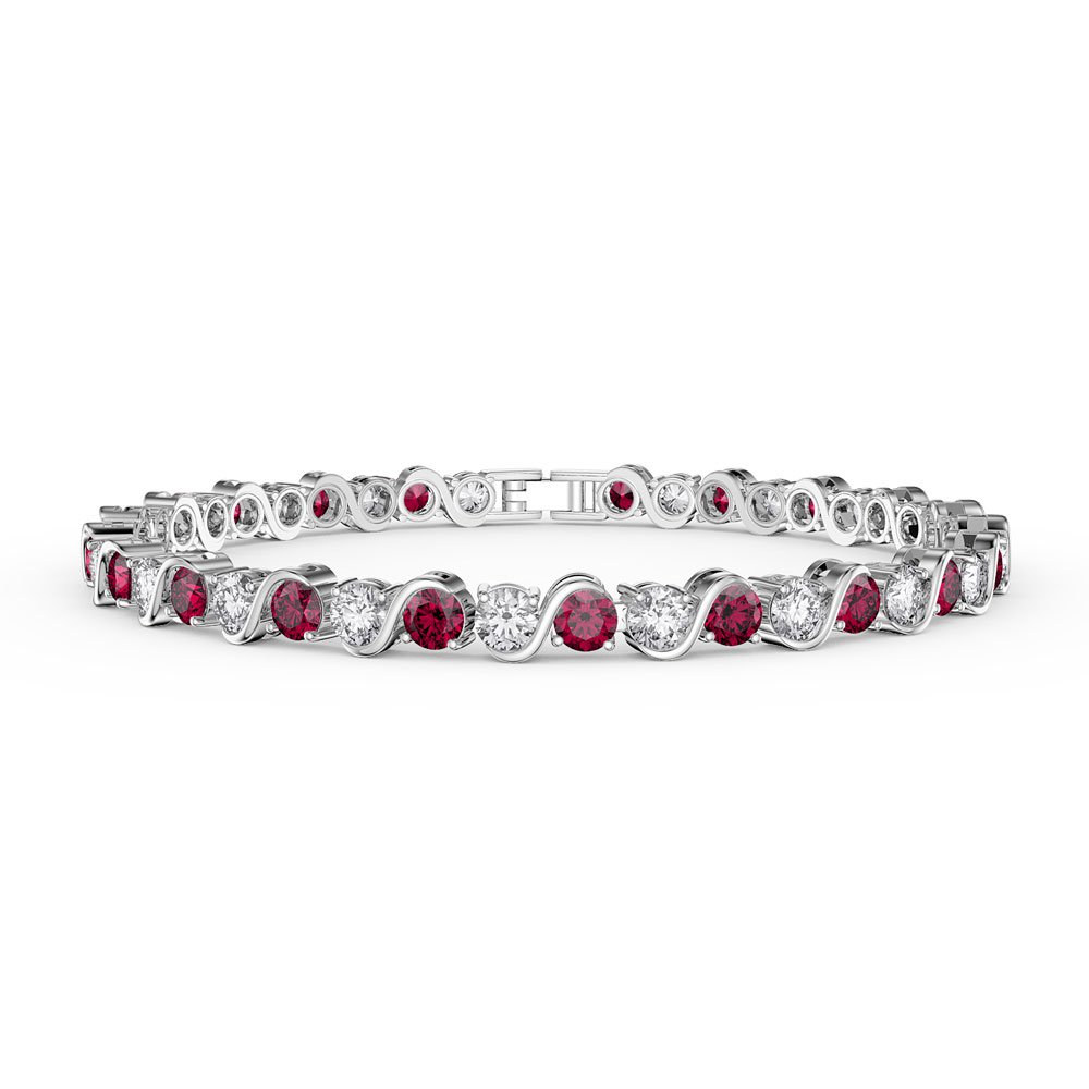 Infinity Ruby and Moissanite Platinum plated Silver S Bar Tennis Bracelet