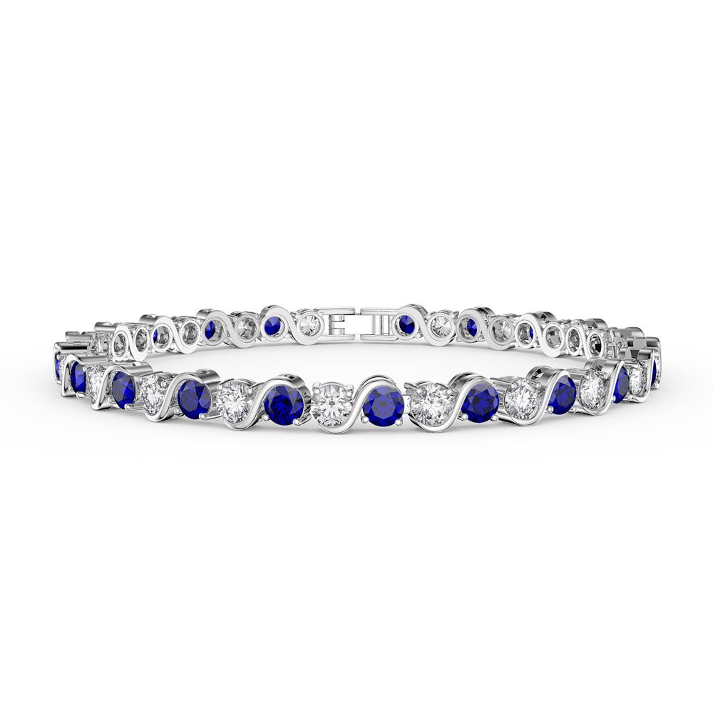 Infinity Blue and White Sapphire Platinum plated S Bar Silver Tennis Bracelet