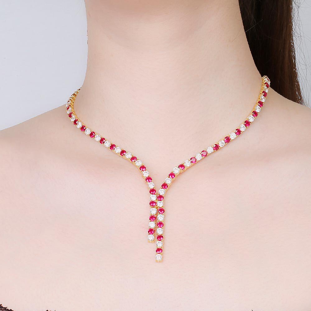 Eternity Asymmetric Drop Ruby and White Sapphire 18ct Gold Vermeil Tennis Necklace #2