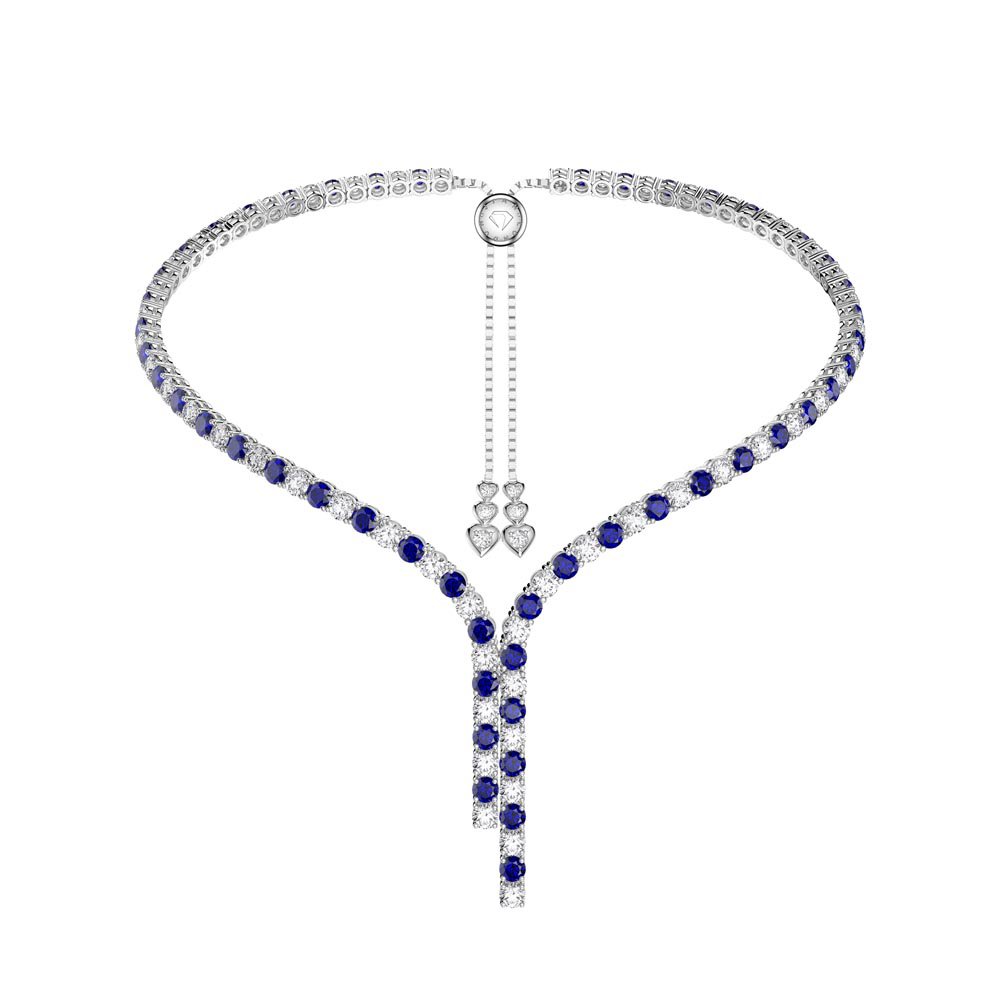 Eternity Asymmetric Drop Sapphire and Moissanite Platinum finished Silver Tennis Necklace