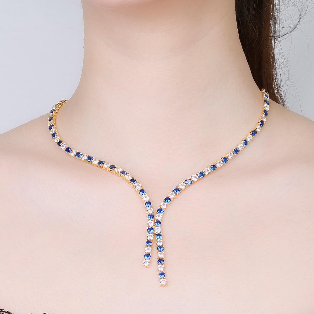 Eternity Asymmetric Drop Sapphire and Diamond CZ 18ct Gold plated Silver Tennis Necklace #2