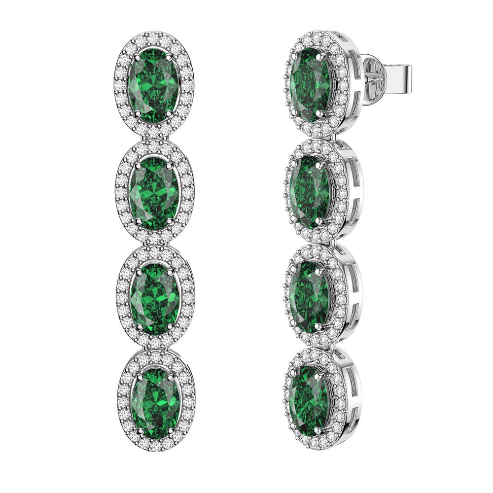 Eternity 4ct Emerald CZ and White Sapphire Oval Halo Platinum plated Silver Drop Earrings