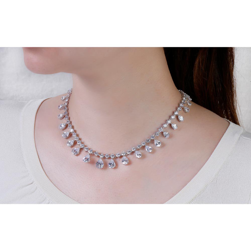 Princess Graduated Pear Drop Diamond CZ Rhodium plated Silver Choker Jewellery Set #2