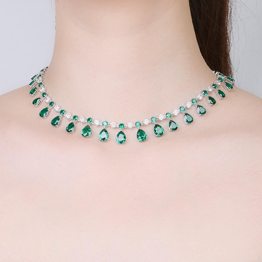 Princess Graduated Pear Drop Emerald Rhodium plated Silver Choker Tennis Necklace Jewellery Set #2