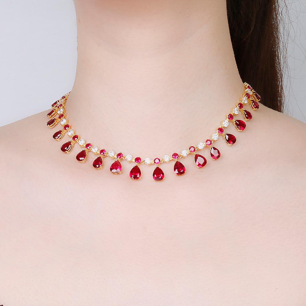 Princess Graduated Pear Drop Ruby and Diamond CZ 18ct Gold plated Silver Choker Tennis Necklace #2