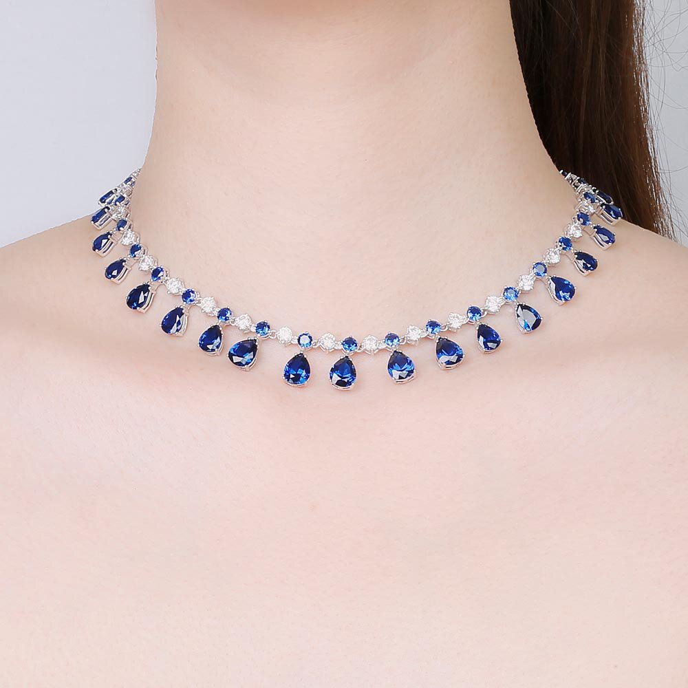 Princess Graduated Pear Drop Sapphire Rhodium plated Silver Choker Tennis Necklace Jewellery Set #2