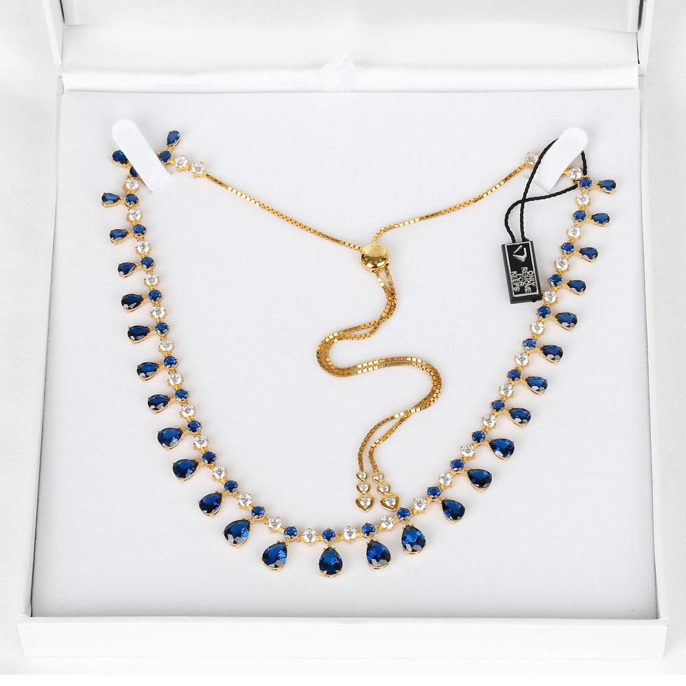 Princess Graduated Pear Drop Blue and White Sapphire 18ct Gold Vermeil Choker Tennis Necklace #3