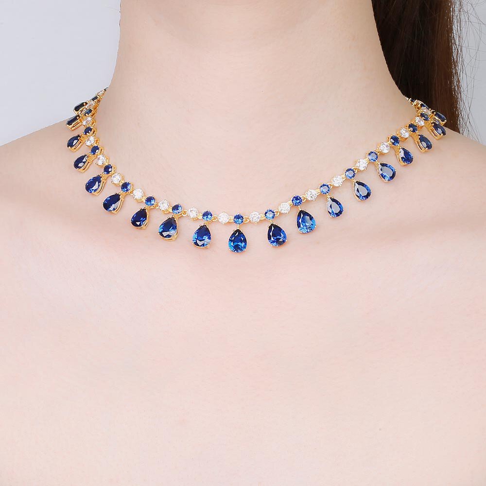 Princess Graduated Pear Drop Blue and White Sapphire 18ct Gold Vermeil Choker Tennis Necklace Jewellery Set #2