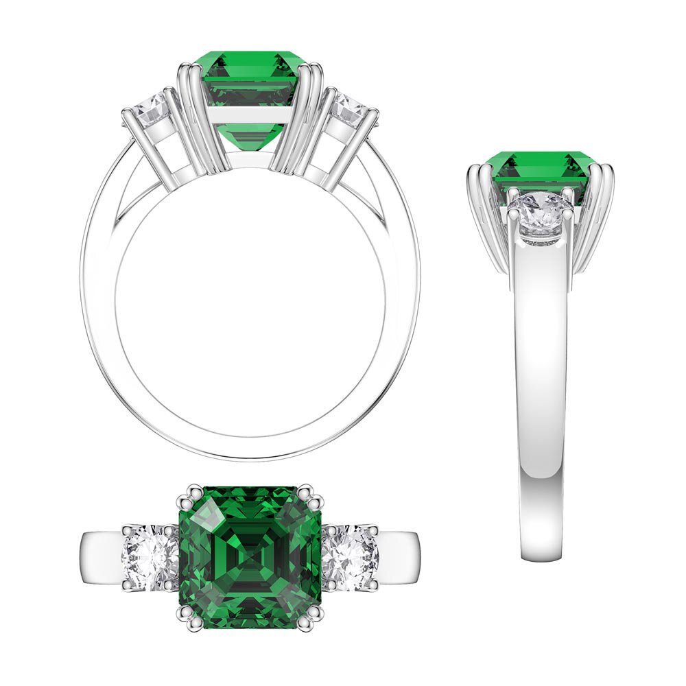 Princess 3ct Emerald Asscher Cut 18ct White Gold Three Stone Engagement Ring #4