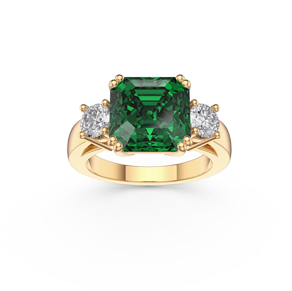 Princess 3ct Emerald Asscher Cut 18ct Yellow Gold Three Stone Engagement Ring
