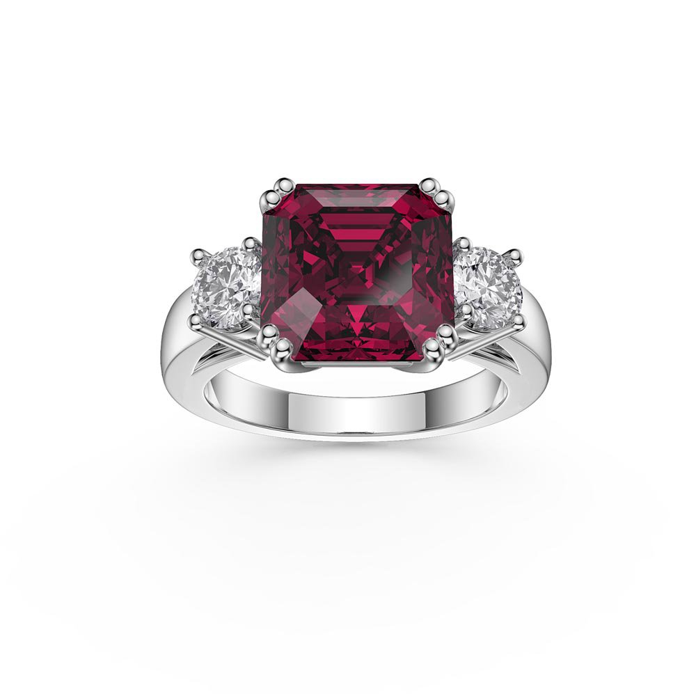 Princess 4ct Asscher Cut Ruby Lab Diamond 9ct White Gold Three Stone Engagement Ring