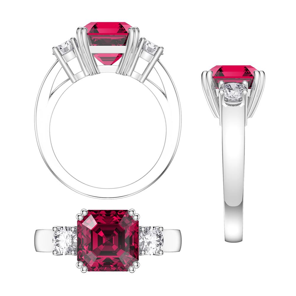 Princess 4ct Ruby Asscher Cut Platinum plated Silver Three Stone Promise Ring #2