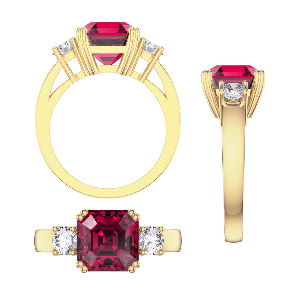 Princess 4ct Asscher Cut Ruby Lab Diamond 9ct Yellow Gold Three Stone Engagement Ring #4