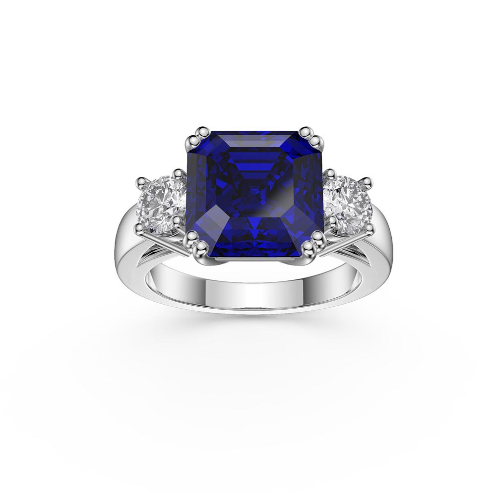 Princess 4ct Asscher Cut Sapphire Lab Diamond 18ct White Gold Three Stone Engagement Ring