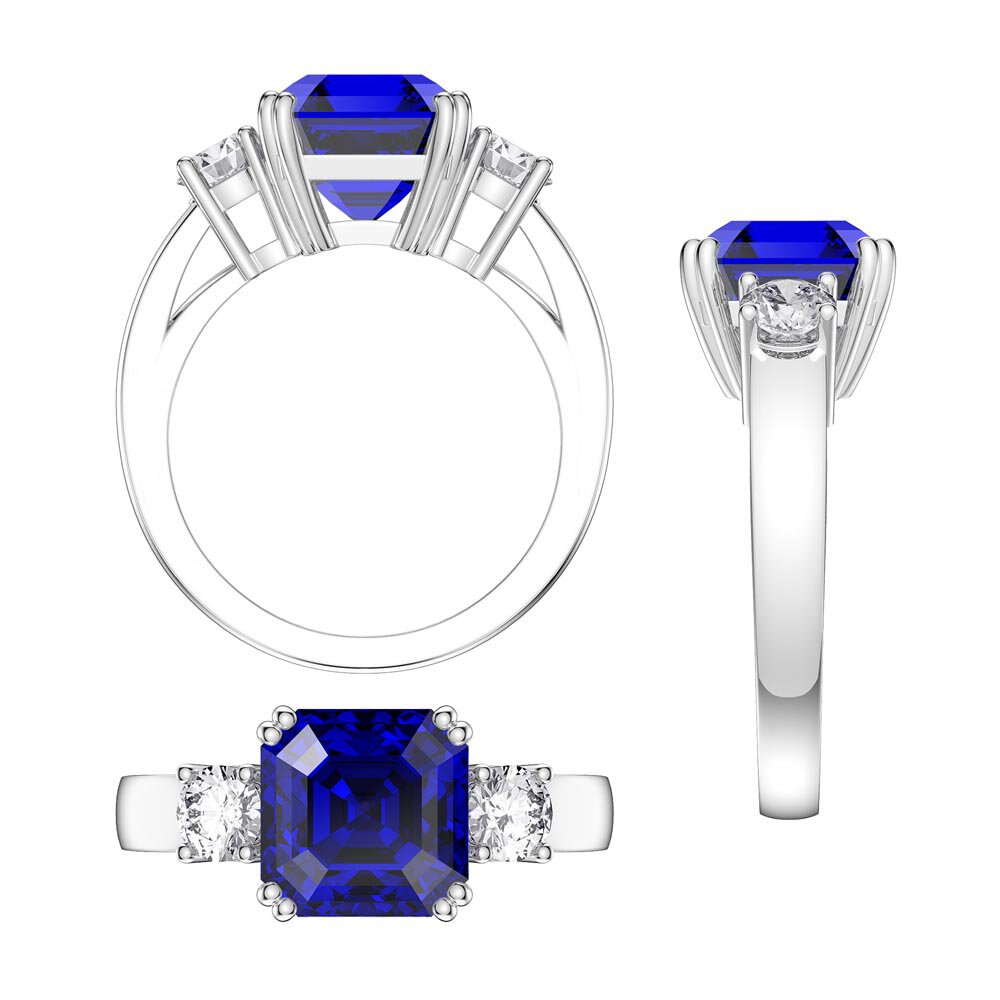 Princess 4ct Asscher Cut Sapphire Lab Diamond 9ct White Gold Three Stone Engagement Ring #4
