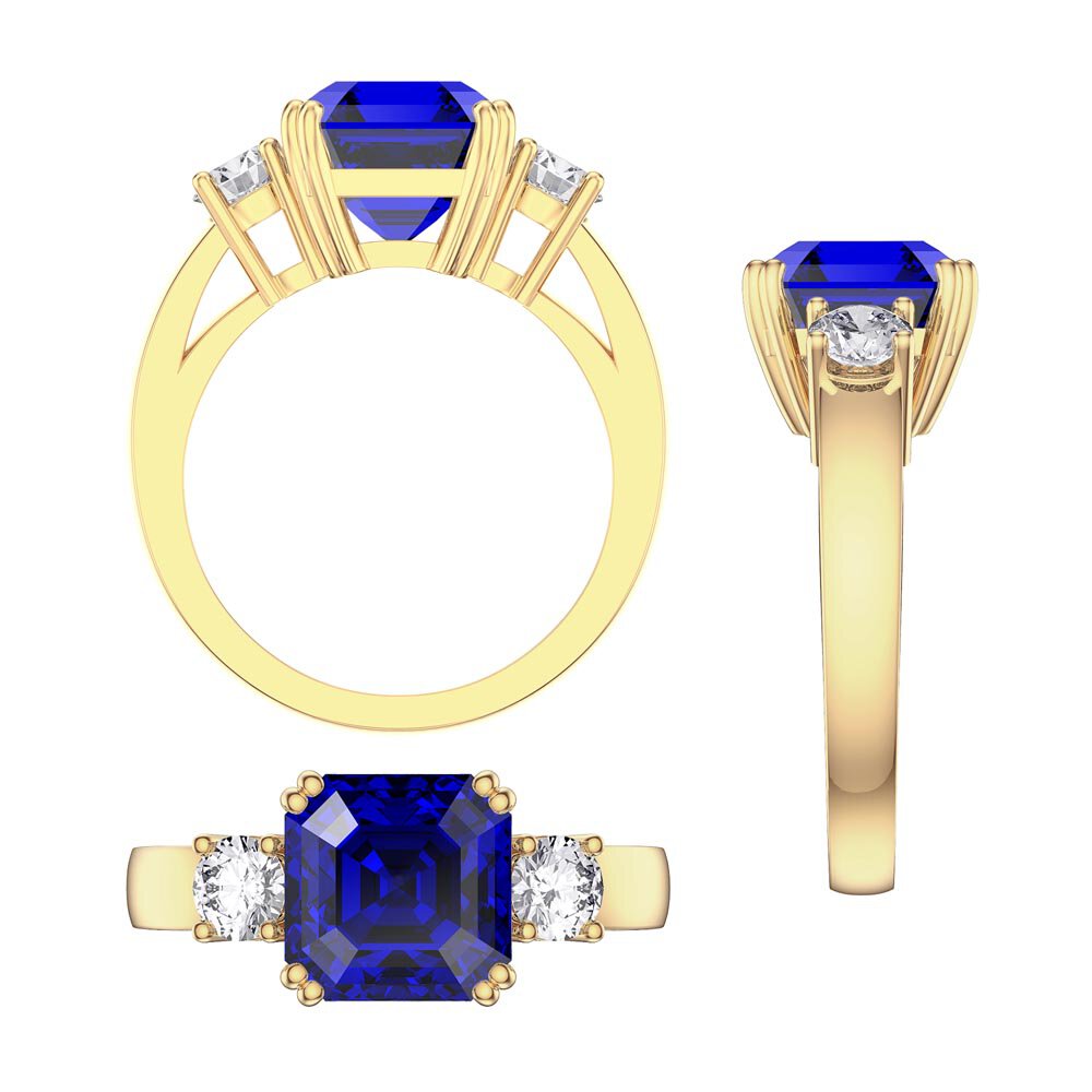 Princess 3ct Blue Sapphire Asscher Cut 9ct Yellow Gold Three Stone Engagement Ring #4