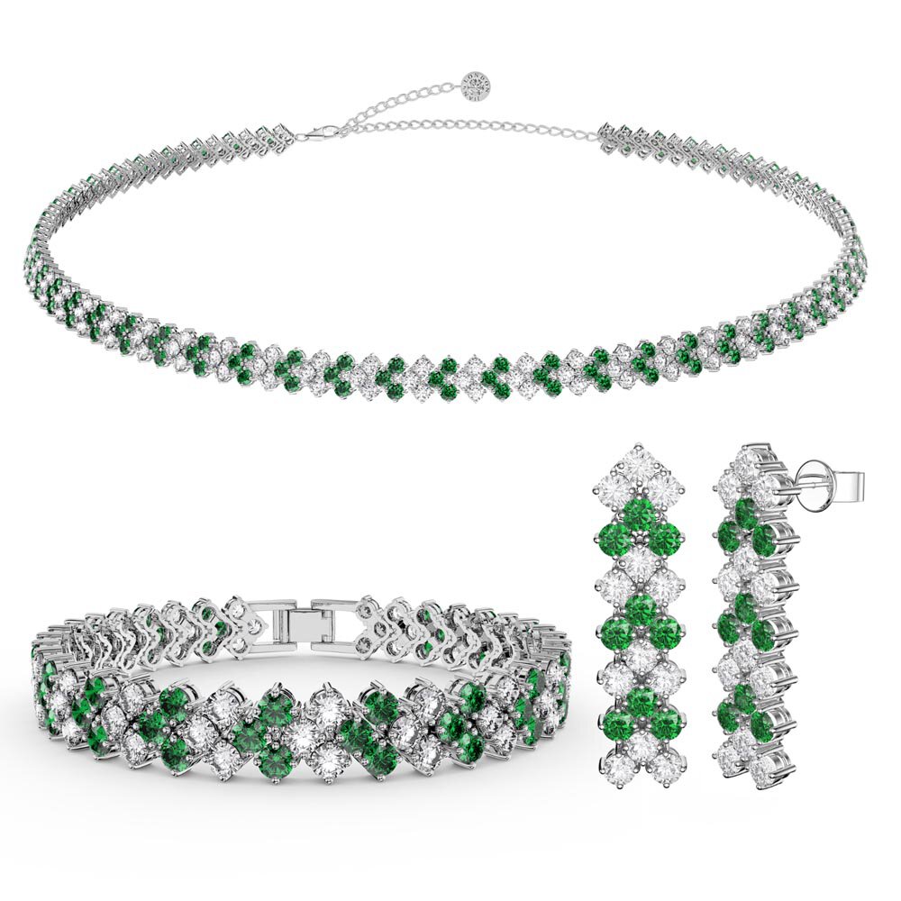 Three Row Emerald and White Sapphire Platinum plated Silver Jewellery Set