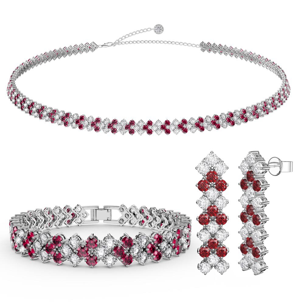 Three Row Ruby and Diamond CZ Rhodium plated Silver Jewellery Set