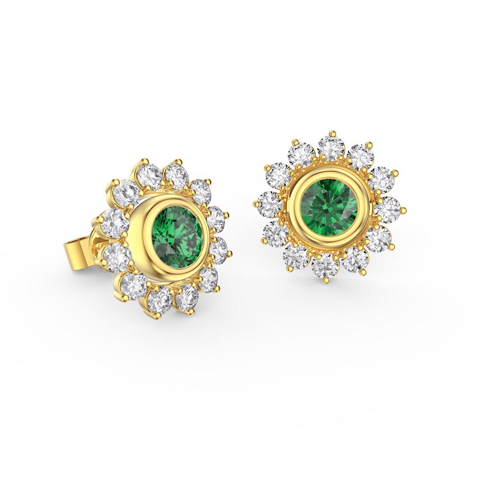 Infinity Emerald 9ct Yellow Gold Stud Starburst Earrings Halo Jacket Set #2