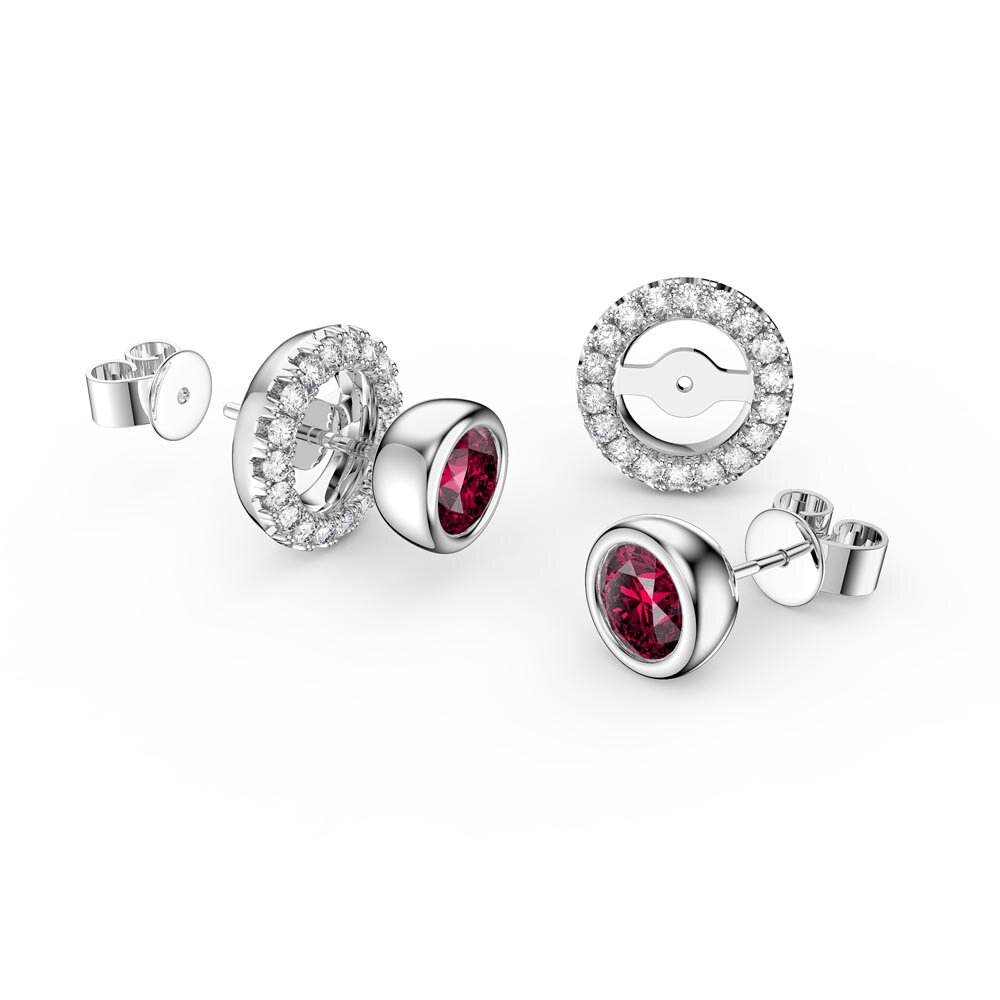 Infinity Ruby and Moissanite Platinum plated Silver Stud Earrings Halo Jacket Set