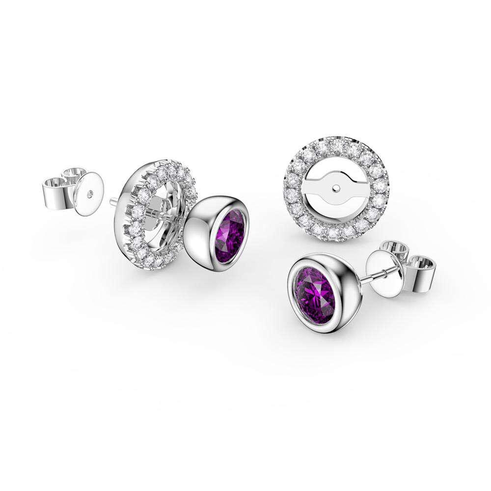 Infinity Amethyst and Moissanite Platinum plated Silver Stud Earrings Halo Jacket Set