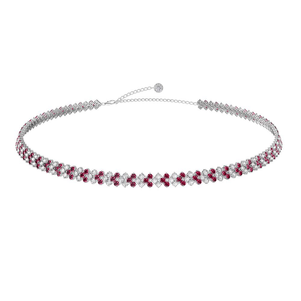 Eternity Three Row Ruby Platinum plated Silver Adjustable Choker Tennis Necklace