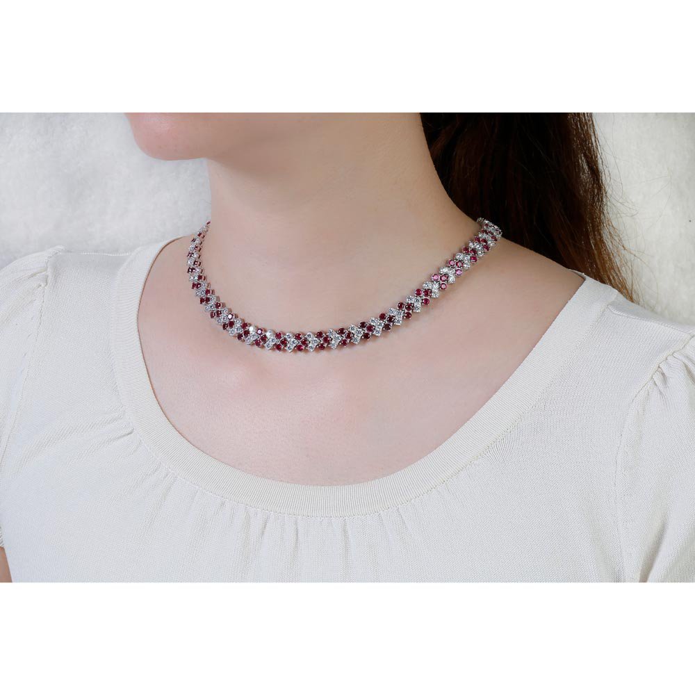 Eternity Three Row Ruby Platinum plated Silver Adjustable Choker Tennis Necklace #2