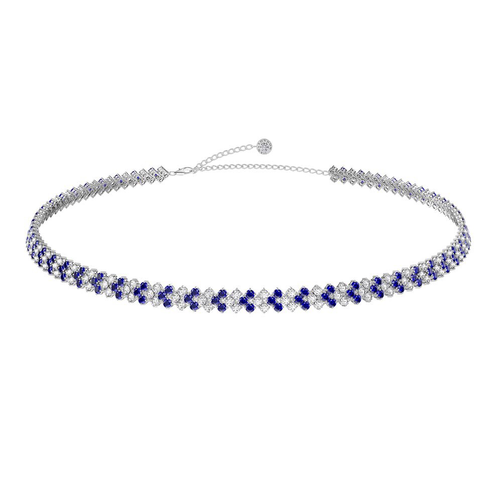 Eternity 20ct Sapphire and Moissanite Three Row  Platinum plated Silver Adjustable Choker Tennis Necklace
