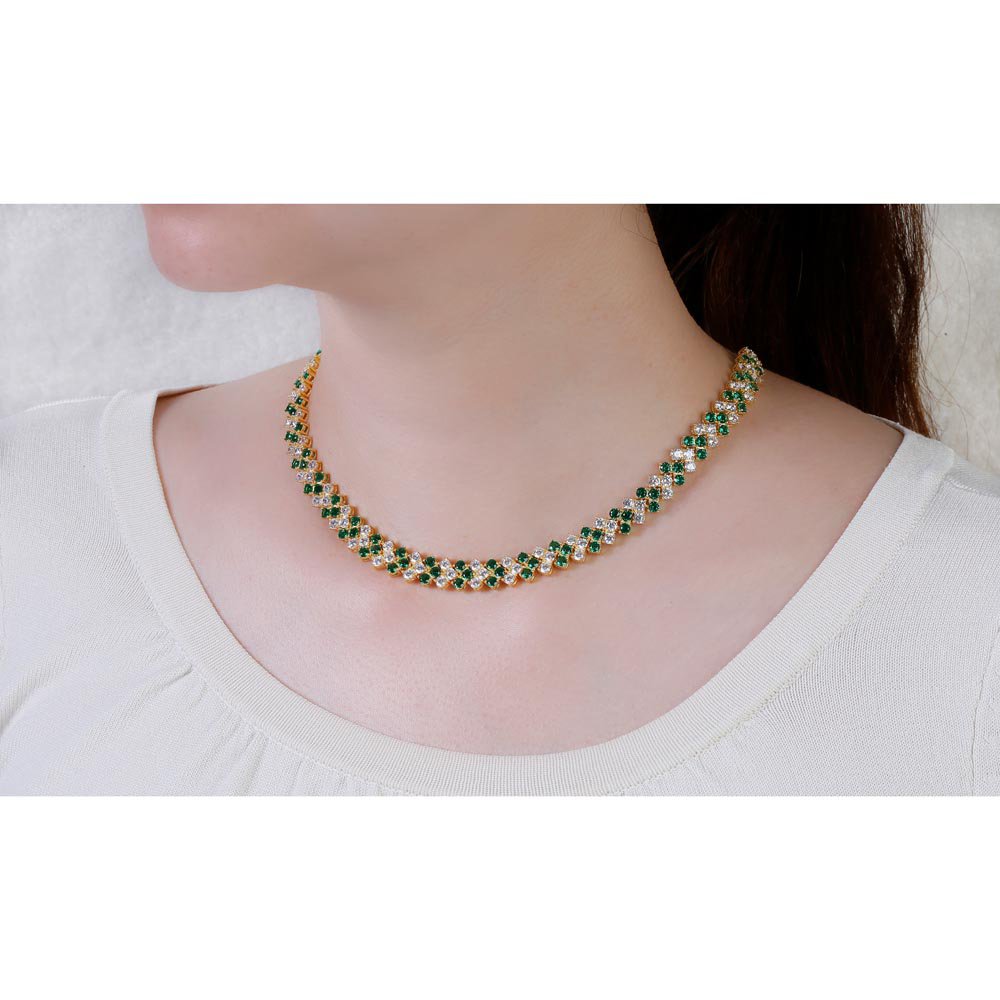 Eternity Three Row Emerald and Diamond CZ 18ct Gold plated Silver Adjustable Choker Tennis Necklace #2