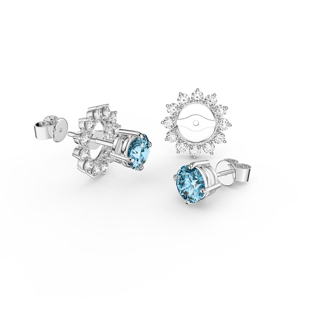 Fusion 1ct Swiss Blue Topaz Lab Diamonds 18ct White Gold Stud Earrings Starburst Halo Jacket Set