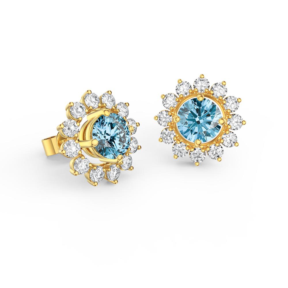 Fusion 1ct Swiss Blue Topaz Lab Diamonds 18ct Yellow Gold Stud Earrings Starburst Halo Jacket Set #2