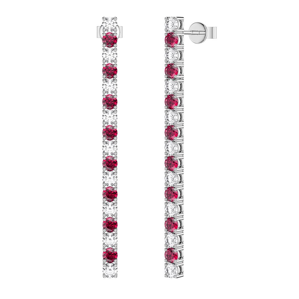 Eternity Ruby and Moissanite Platinum Plated Silver Line Drop Earrings