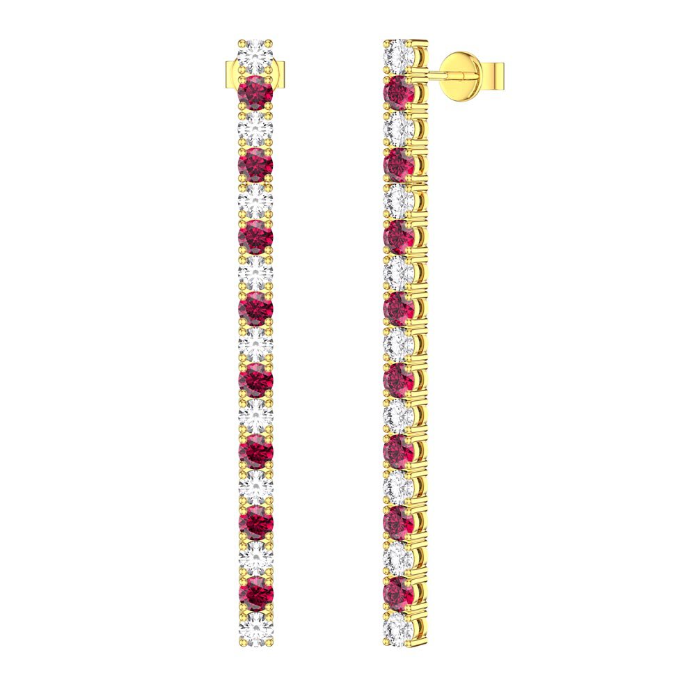 Eternity Ruby and Moissanite 18ct Gold Vermeil Line Drop Earrings
