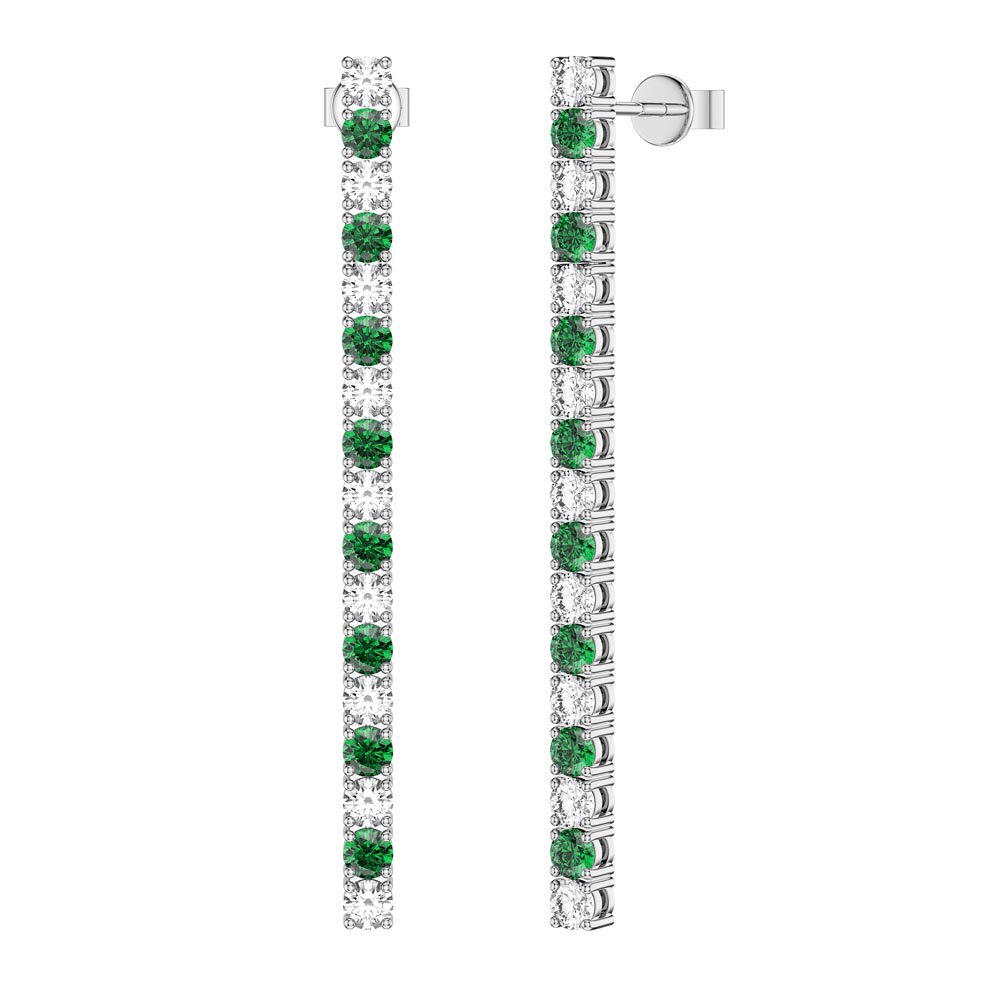 Eternity Emerald and Moissanite Platinum Plated Silver Line Drop Earrings