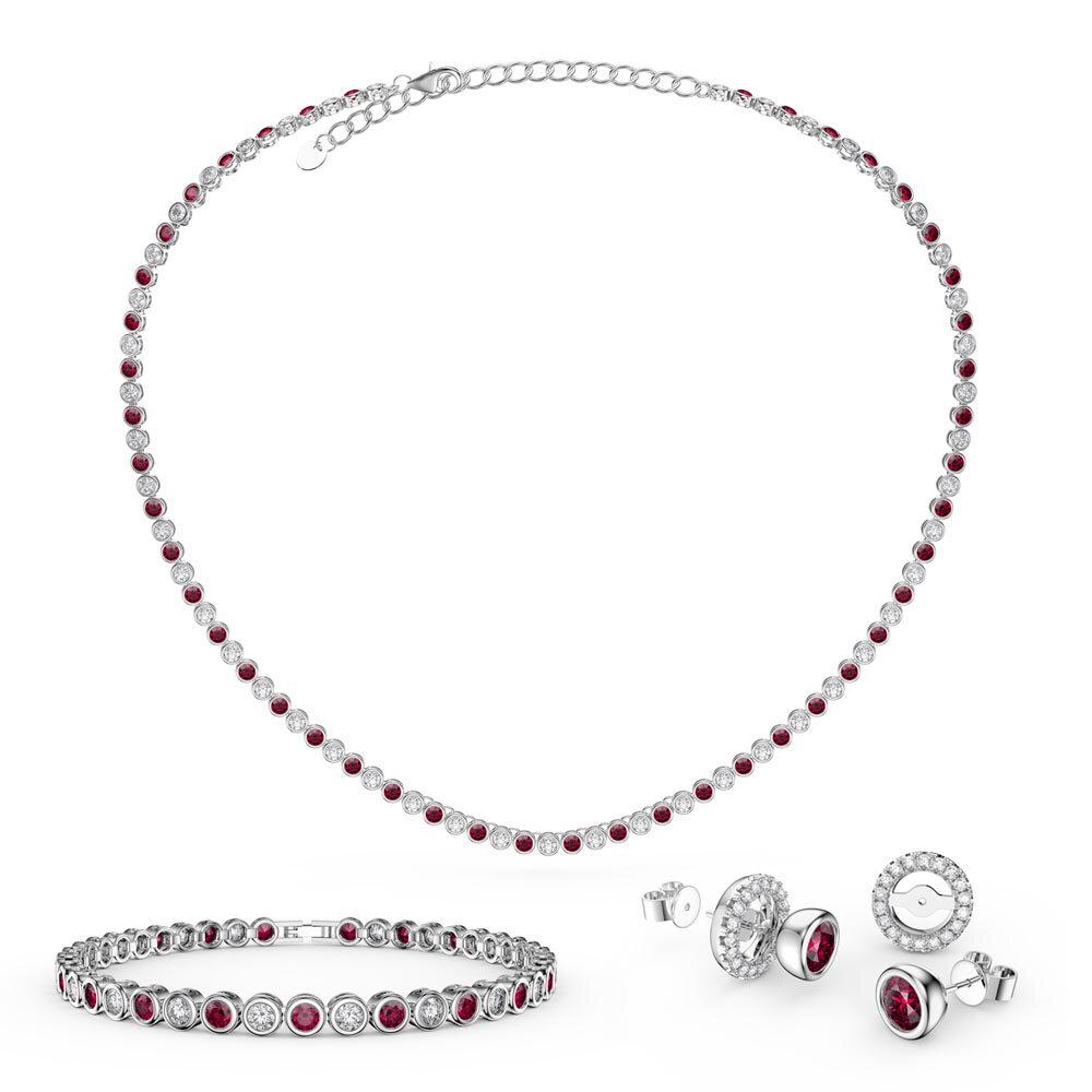 Infinity Ruby and Moissanite Platinum plated Silver Jewellery Set
