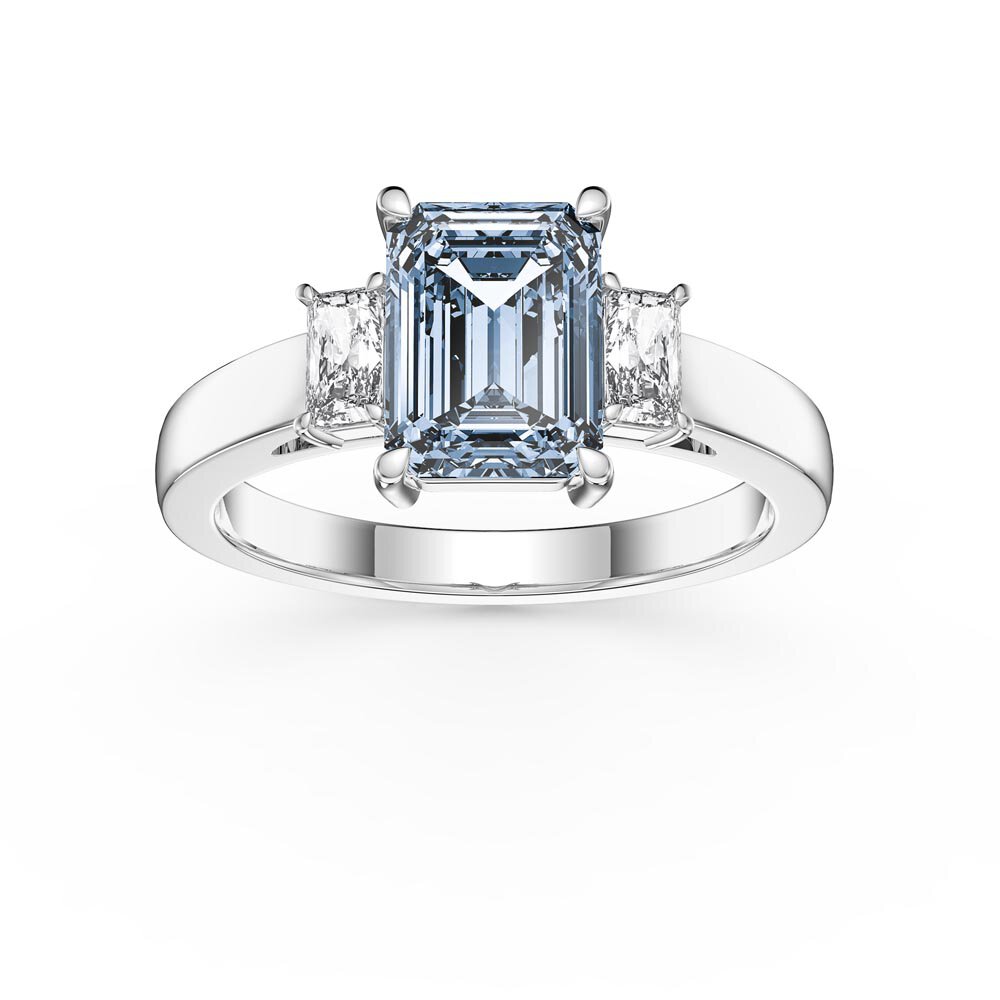 Princess 2ct Emerald Cut Aquamarine 18ct White Gold Diamond Three Stone Engagement Ring