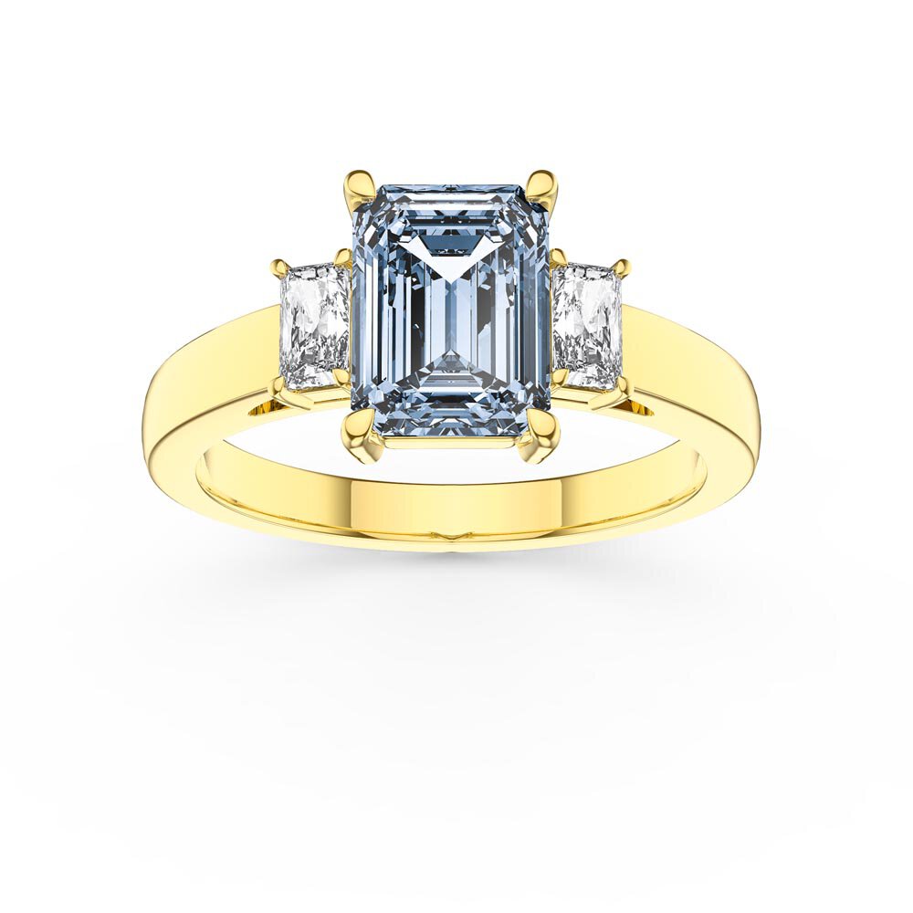 Princess 2ct Emerald Cut Aquamarine Lab Diamond 9ct Yellow Gold Three Stone Engagement Ring